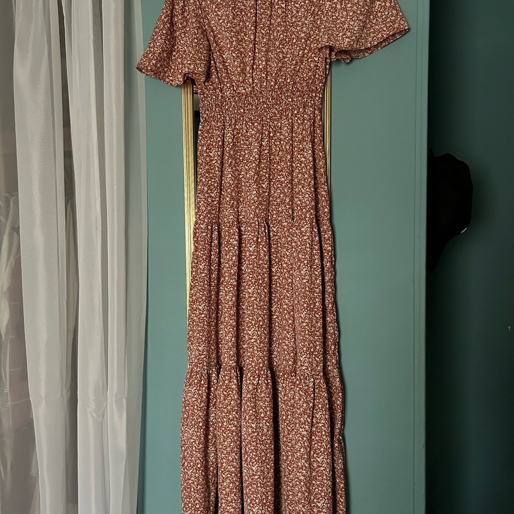 SHEIN Orange and Brown Ruffled Tiered Maxi Sundress